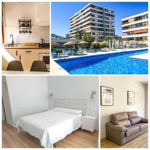 a collage of photos with a hotel room and a pool at La Nogalera in Torremolinos