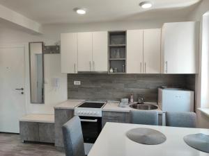 Eine Küche mit weißen Schränken, einem Tisch und einer Spüle in der Unterkunft Spa Koncept-Apartmani in Veliko Gradište