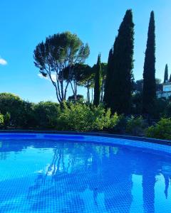 una piscina con árboles y un cielo azul en Domaine des Encourdoules, en Vallauris