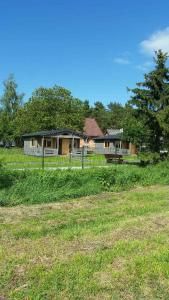 a house in a field next to a fence at Sosnowy Zakątek Stegna- domki letniskowe in Stegna