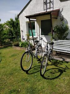 dos bicicletas estacionadas en el césped frente a una casa en Gästehaus am Teich, en Raben Steinfeld