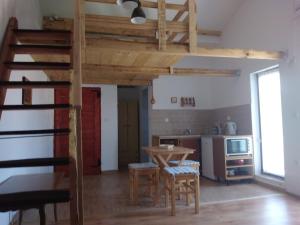 a kitchen and dining room with a loft bed and a table at Apartment Zola in Gornji Karin