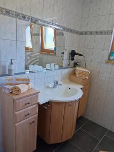 ein Badezimmer mit Waschbecken und Spiegel in der Unterkunft Haus Gipfelblick in Lermoos + 28 Fotos