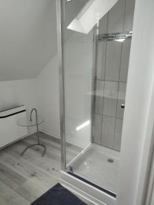 una doccia con porta in vetro in bagno di La maison fleurie 2 a Sainte-Geneviève-lès-Gasny