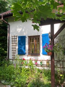 uma casa com persianas azuis e flores à sua frente em Ostoja Miłolas em Lidzbark Warminski