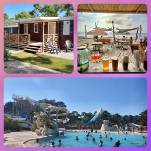a collage of three pictures of a water park at Mobil home Happiness33 dans camping 5 étoiles accès direct plage Vendays Montalivet in Vendays-Montalivet