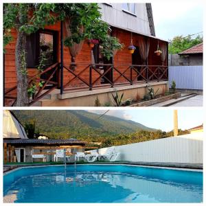 two pictures of a house and a swimming pool at Гостевой дом у Ларисы in Gagra