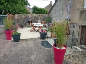 a patio with a table and potted plants in pots at Appartement dans le Morvan 16 min de l'autoroute in Beauvilliers