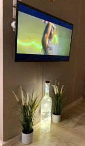a bottle of water sitting on a table with two plants at Eva suite Vip excellent studio 1 in Athens
