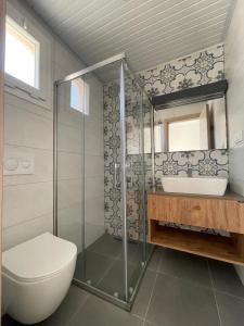 チェシメにあるAdil Pansiyonのバスルーム(シャワー、トイレ、シンク付)