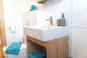 ein Badezimmer mit einem weißen Waschbecken und einer Toilette in der Unterkunft Ferienwohnung Magdalena - Fritz Apartments in Innsbruck + 6 Fotos