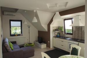 ein Wohnzimmer mit einem Sofa und einer Küche in der Unterkunft Apartment Knap in Cerknica