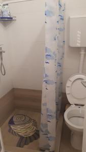 y baño con aseo y cortina de ducha. en Apartman Dunja Banja Vrdnik, en Vrdnik