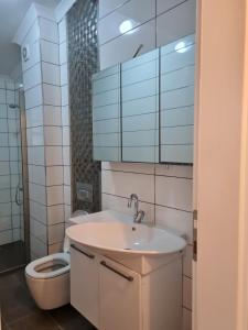 uma casa de banho com um lavatório e um WC em KD Apartments em Kartepe