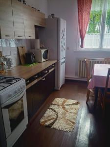 a kitchen with a stove and a white refrigerator at Dom pod lasem in Ruciane-Nida