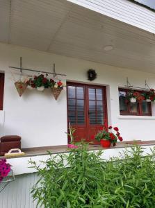 a house with a red door and some plants at Casa Rodica in Vatra Dornei