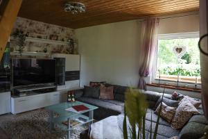 uma sala de estar com um sofá e uma televisão em Idyllisches Ferienhaus am Wald em Möhrenbach