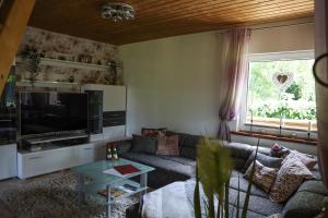 a living room with a couch and a tv at Idyllisches Ferienhaus am Wald in Möhrenbach