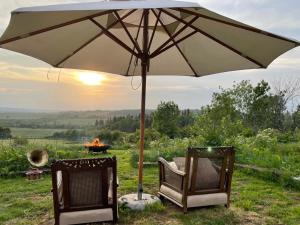 an umbrella and two chairs and a fire pit at Dovecote Cotswold Cottages in Chipping Norton