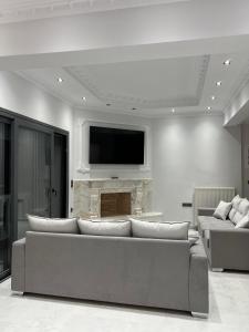 een woonkamer met 2 banken en een flatscreen-tv bij KONTIS' Deluxe furnished apartment in Loutraki