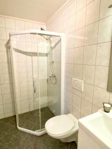 een badkamer met een douche, een toilet en een wastafel bij Apartment «Ladegården» in Bergen in Bergen