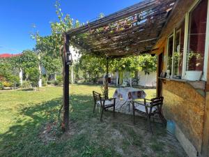 a table and chairs under a pergola outside of a house at Elbasan Backpacker Hostel in Elbasan