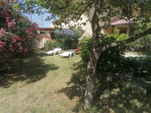 une cour avec deux bancs blancs et un parasol dans l'établissement Casa delle Rose Appartamento Gelsomino, à San Mauro Pascoli