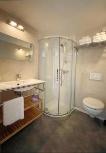 La salle de bains est pourvue d'une douche, de toilettes et d'un lavabo. dans l'établissement Dordogne et Corrèze vacances - Gites, à Troche