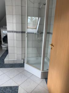 a shower with a glass door in a bathroom at Ferienwohnung Sophie in Berlin
