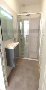 a bathroom with a glass shower and a sink at HISTOIRE DE LOIRE - LA TOUE in Saumur