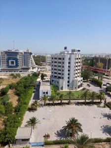 Blick auf eine Stadt mit Palmen und Gebäuden in der Unterkunft jolie appart au centre urbain nord in Tunis