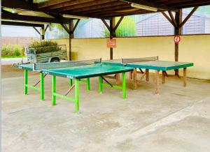 two green ping pong tables in a building at Cosy Lili - Mobilhome MANDARINE - Proche océan in Saint-Georges-de-Didonne