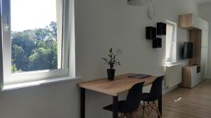 a room with a table and chairs and a window at Studio 4 Piętro II in Sopot