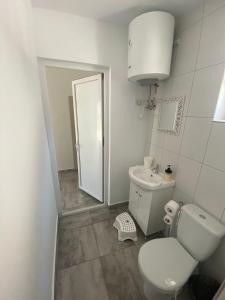 a white bathroom with a toilet and a sink at Vara la Corbu in Corbu +22 photos