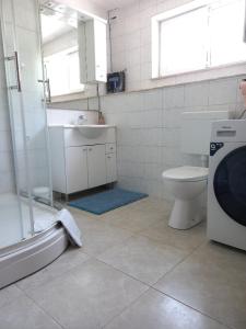 een badkamer met een douche, een toilet en een wastafel bij Kuća za odmor >Maro< in Ston