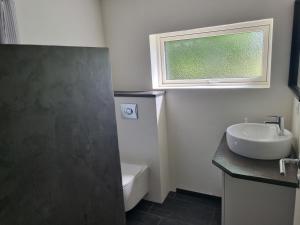 bagno con lavandino, servizi igienici e finestra di Agermosegaard ad Assens