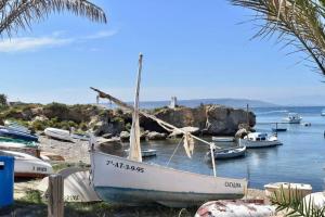 una barca che si trova sulla riva di un corpo d'acqua di Espectacular apartamento en la Isla de Tabarca a Tabarca