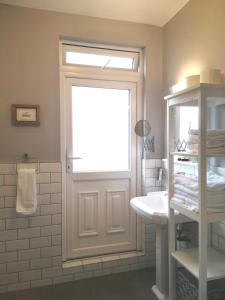 a bathroom with a door with a window and a sink at Shaw Suite in Dublin