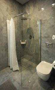 a bathroom with a glass shower with a toilet at Domki Asgard in Gąski +51 photos