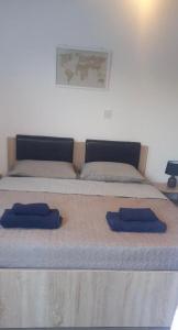 ein Bett mit zwei blauen Kissen darüber in der Unterkunft Valentinas apartment ! in Polis Chrysochous