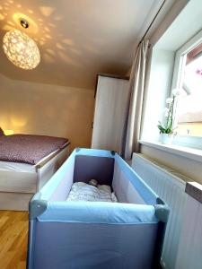 um bebé a dormir numa caixa azul num quarto em Panoramatický apartmán Tatry em Nová Lesná