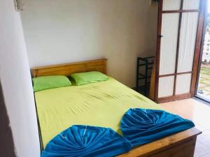 Un dormitorio con una cama con almohadas verdes y una ventana en New Elkaduwa LOFT Hotel, en Wattegama