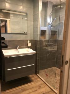 łazienka z umywalką i prysznicem w obiekcie Appartement avec vue sur la tour Barberousse w mieście Gruissan