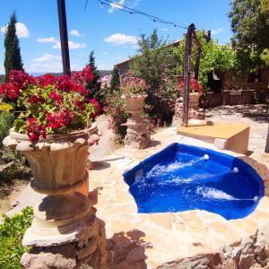 un jardín con una piscina azul y algunas flores en La Casa de Piedra, una ventana al paraíso en Matet