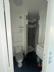 a small bathroom with a toilet and a shower at Petit studio Vincennes in Vincennes