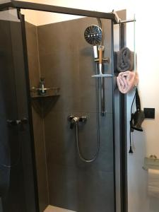 a shower in a bathroom with a glass door at Pod Papugą in Kościerzyna +22 photos