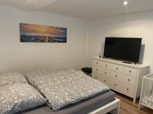 ein Schlafzimmer mit einem Bett und einem TV auf einer Kommode in der Unterkunft Ferienwohnung Wasserkunst 2 in Bad Harzburg