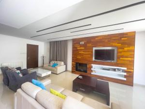 普羅塔拉斯的住宿－Fotini Villas，客厅配有沙发和墙上的电视