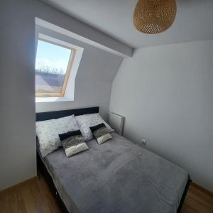 a bedroom with a bed with two pillows and a window at Apartamenty Majka in Wicie