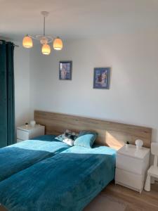 a bedroom with a blue bed with a blue blanket at Apartament Łebska Ostoja in Żarnowska